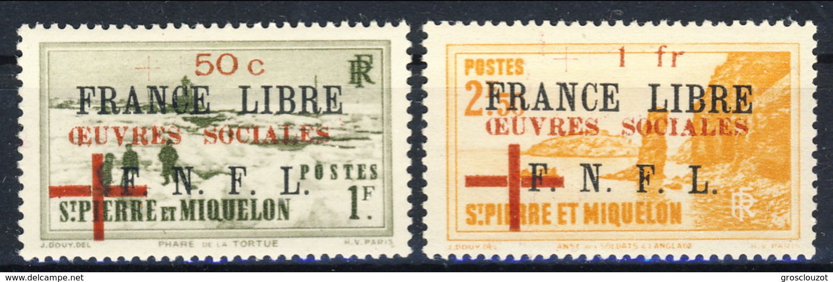 SPM 1942 Serie N. 310-311 Sovr. France Libre Oeuvres Sociales - GO MVVVLH Cat. &euro; 200 Firmati A. Diena X - Nuovi