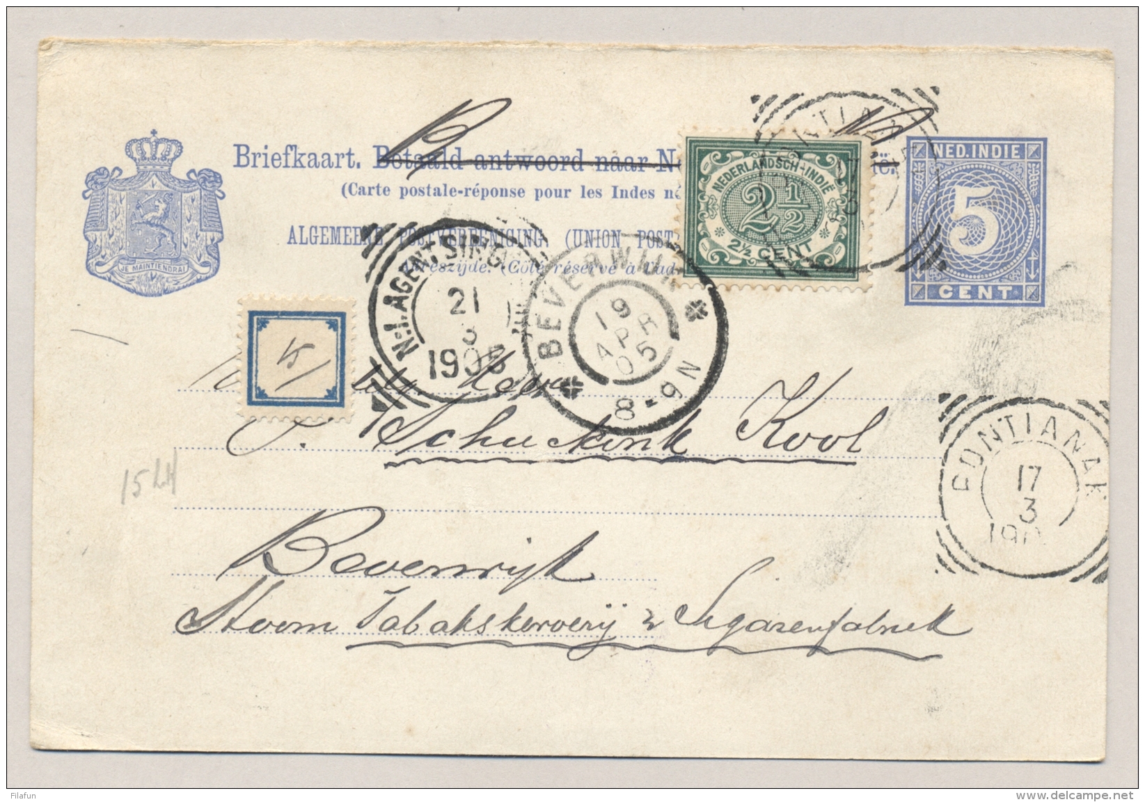 Nederlands Indië - 1905 - 5 Cent (antwoord)Briefkaart Van VK PONTIANAK Via NI Agent Singapore Naar Beverwijk / NL - Nederlands-Indië