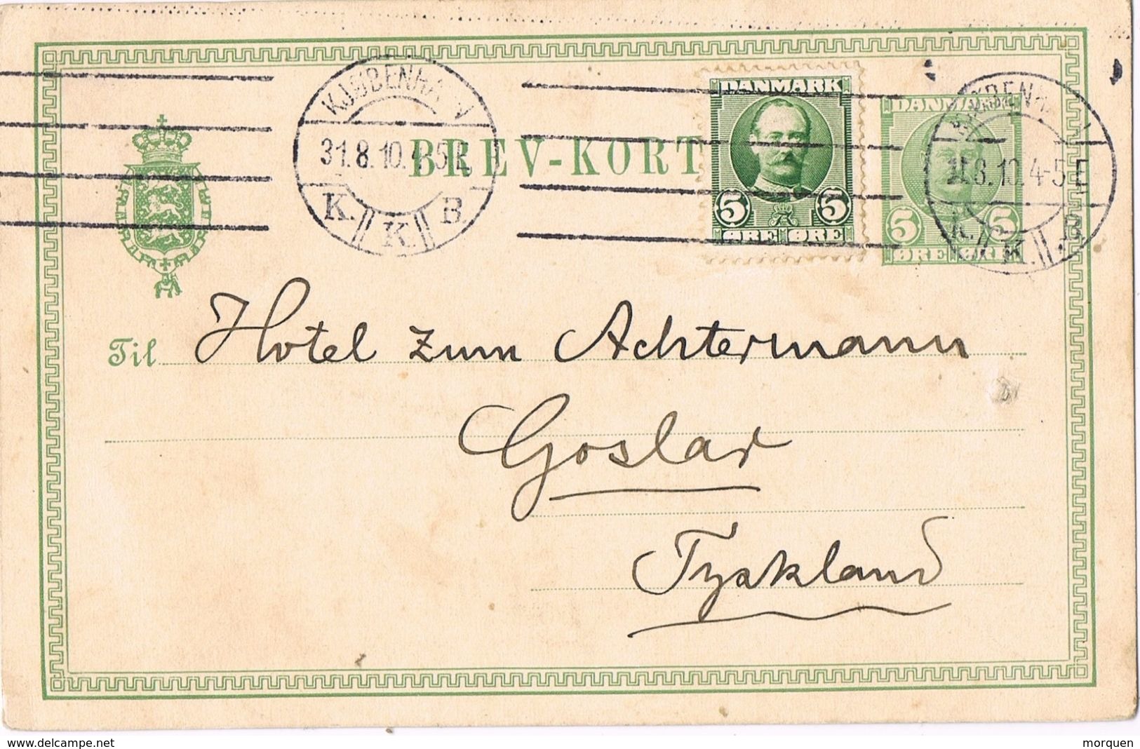 25579. Entero Postal KJOBENHAVN (Danmark) 1910 To Goslar - Postal Stationery