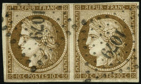 Oblit. N°1 10c Bistre, Paire Signé Calves Et Roumet - TB - 1849-1850 Ceres