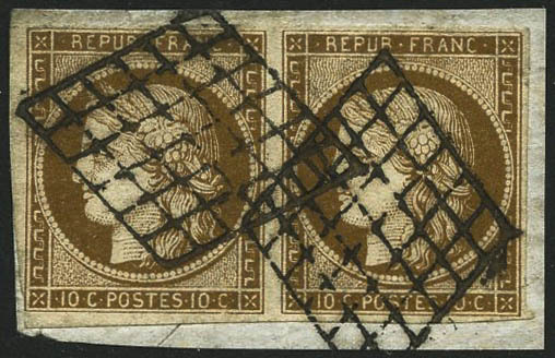 Oblit./fragment N°1a 10c Bistre-brun, Paire S/fragment Filets Intacts - TB - 1849-1850 Ceres
