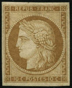 ** N°1F 10c Jaune, Réimp - TB - 1849-1850 Ceres