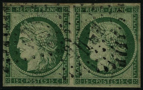 Oblit. N°2b 15c Vert Foncé, Paire Infime Pelurage - B - 1849-1850 Ceres