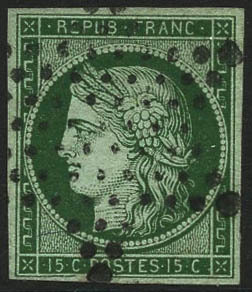 Oblit. N°2c 15c Vert Très Foncé, Signé Roumet - TB - 1849-1850 Ceres