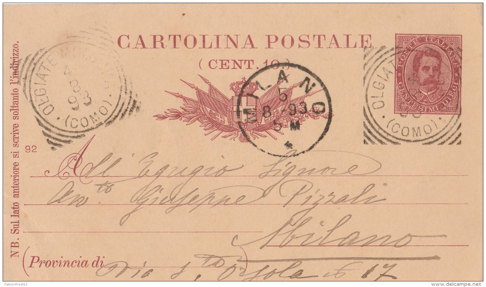 CARTOLINA POSTALE 1893 CENT.10 TIMBRO OLGIATE MILANO (S442 - Storia Postale