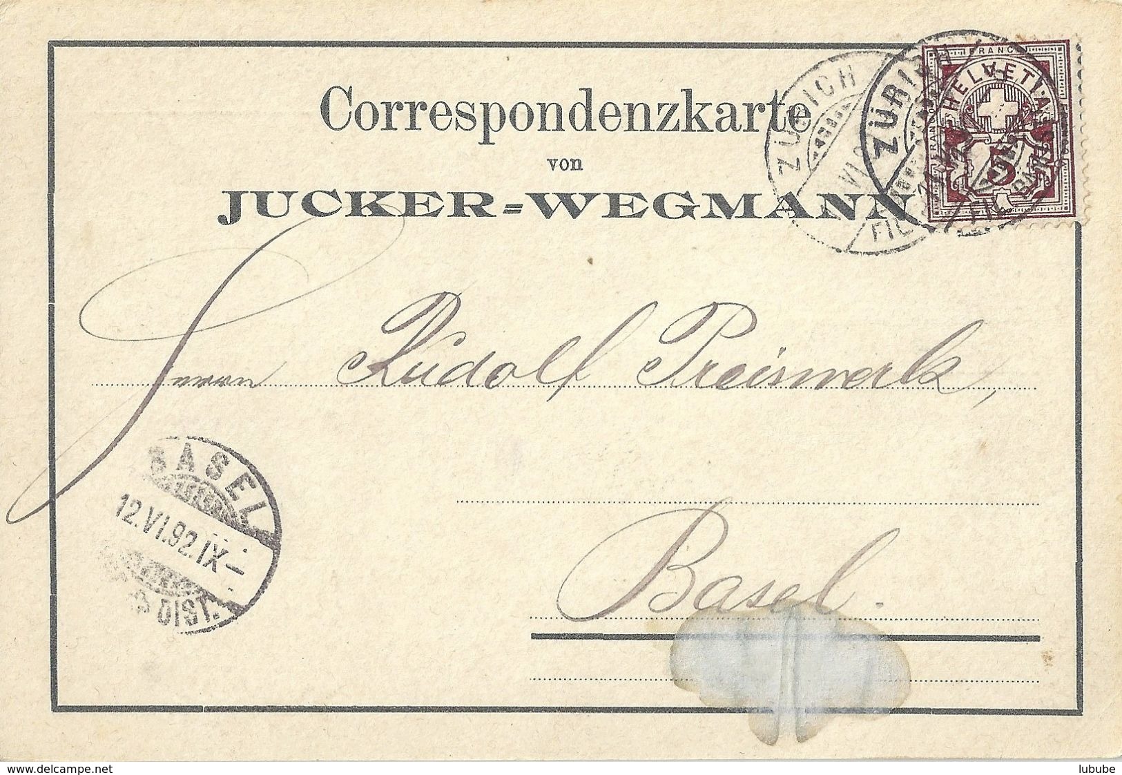 Motiv Karte  "Jucker-Wegmann, Zürich"           1892 - Briefe U. Dokumente