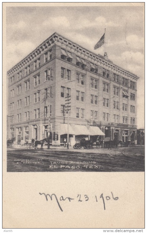 El Paso Texas, Trust Building, Street Scene C1900s Vintage Postcard - El Paso