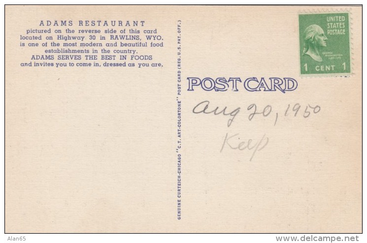 Rawlins Wyoming, Adams Restaurant Interior Views Lunch Counter Dining Room, 1940s Vintage Linen Postcard - Other & Unclassified