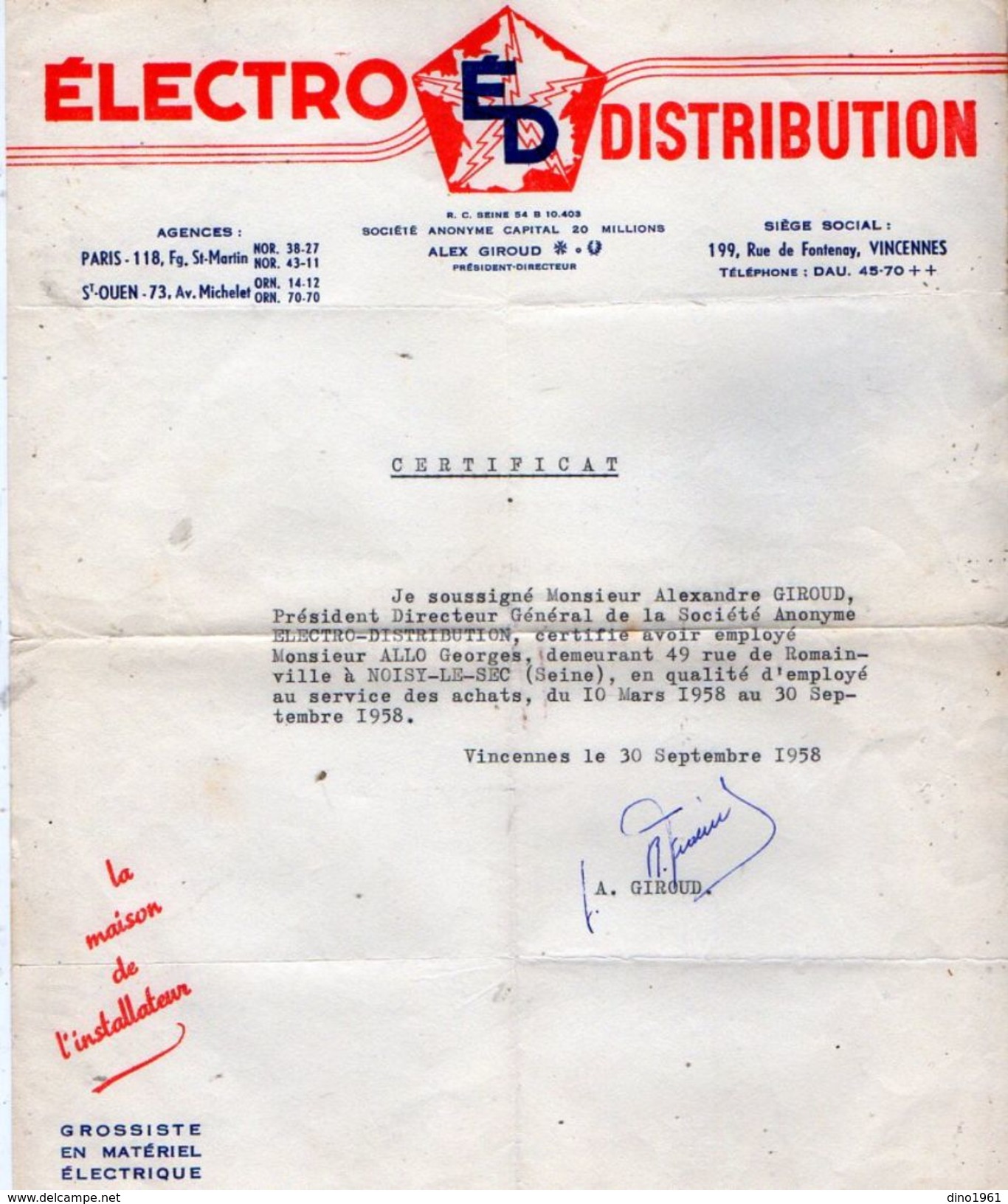 VP10.803 -  Electro Distribution Agences à PARIS - SAINT OUEN &  à VINCENNES - Certificat De Mr ALLO De NOISY LE SEC - Electricité & Gaz