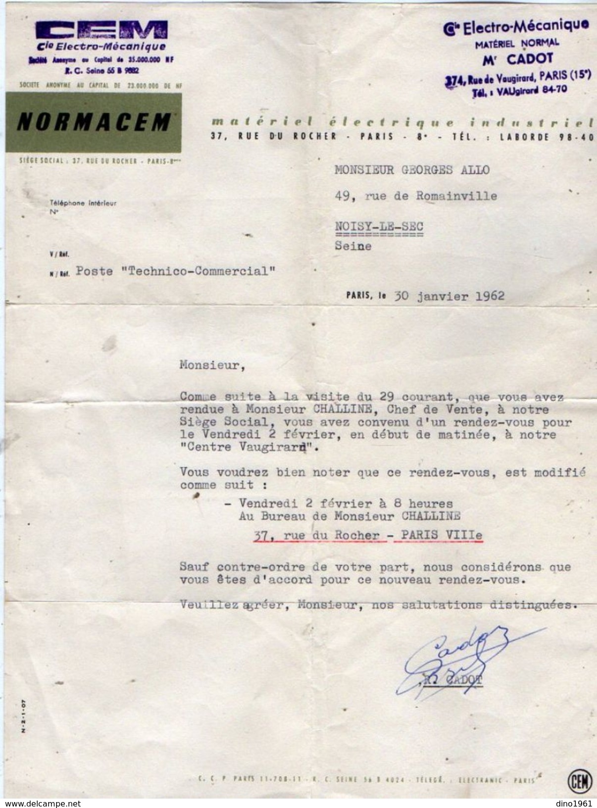 VP10.805 - Lettre - MORMACEM - CEM Cie Electro - Mécanique Mr CADOT à PARIS Rue Vaugirard - Elektrizität & Gas