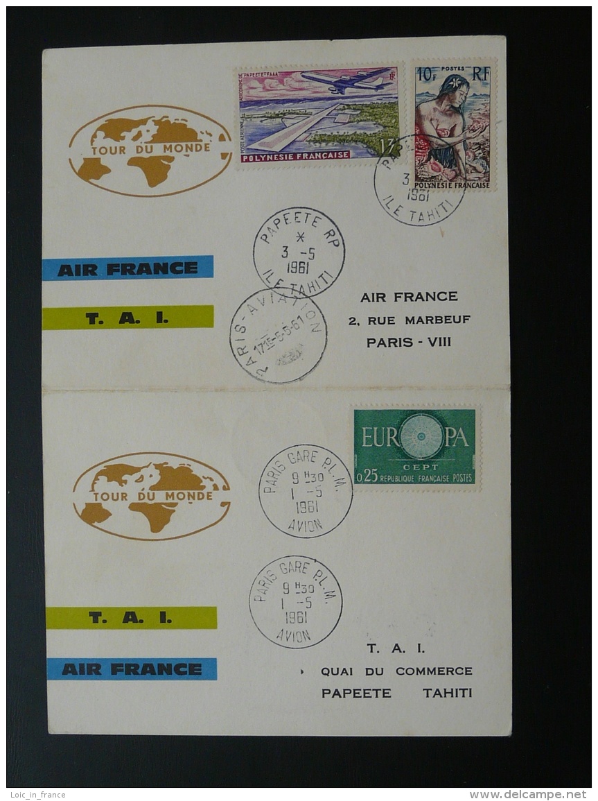 Lettre Premier Vol First Flight Cover Tour Du Monde Air France TAI Polynésie 1961 - Covers & Documents