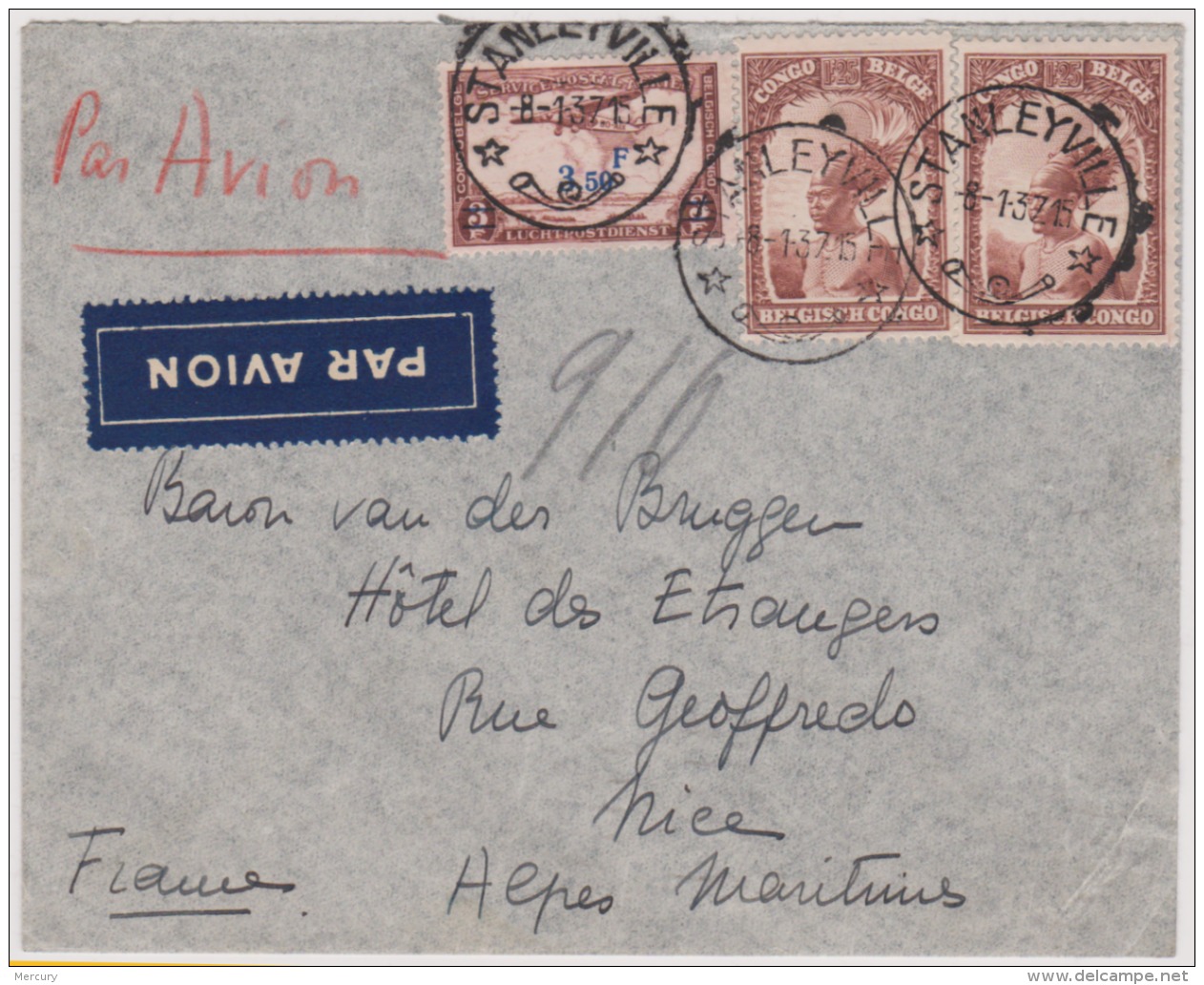 CONGO BELGE - Lettre De Stanleyville Par Avion Pour Nice Du 8/1/37 - Covers & Documents