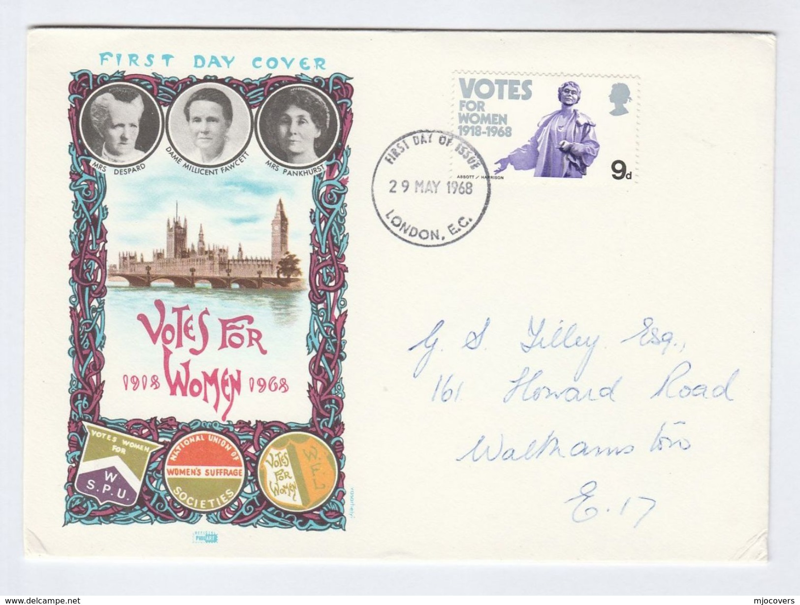 1968 London GB FDC VOTES FOR WOMEN Stamps Cover Parliament - 1952-1971 Pre-Decimal Issues