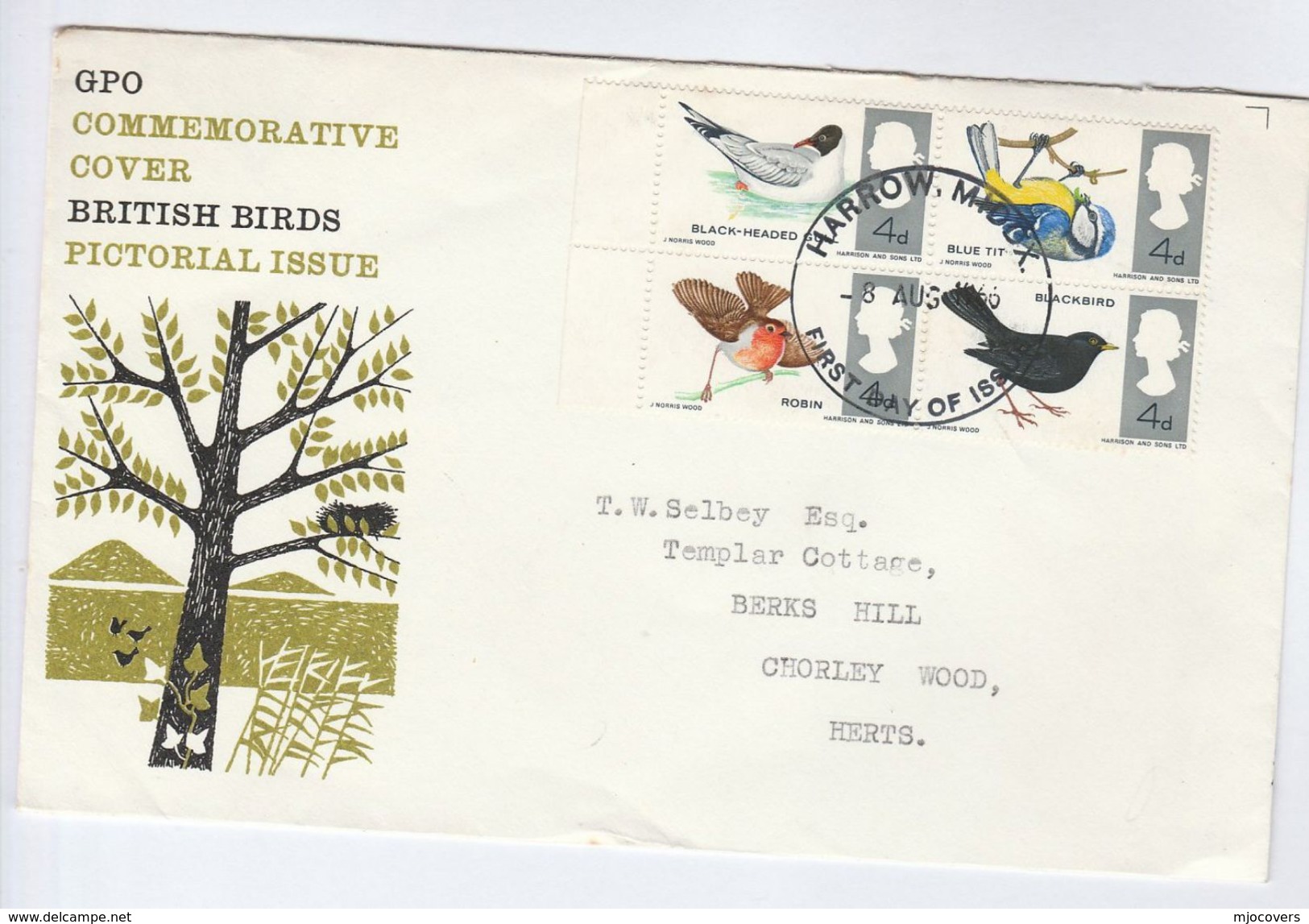 1966 Harrow GB FDC BIRDS Stamps Cover Bird - 1952-1971 Pre-Decimal Issues