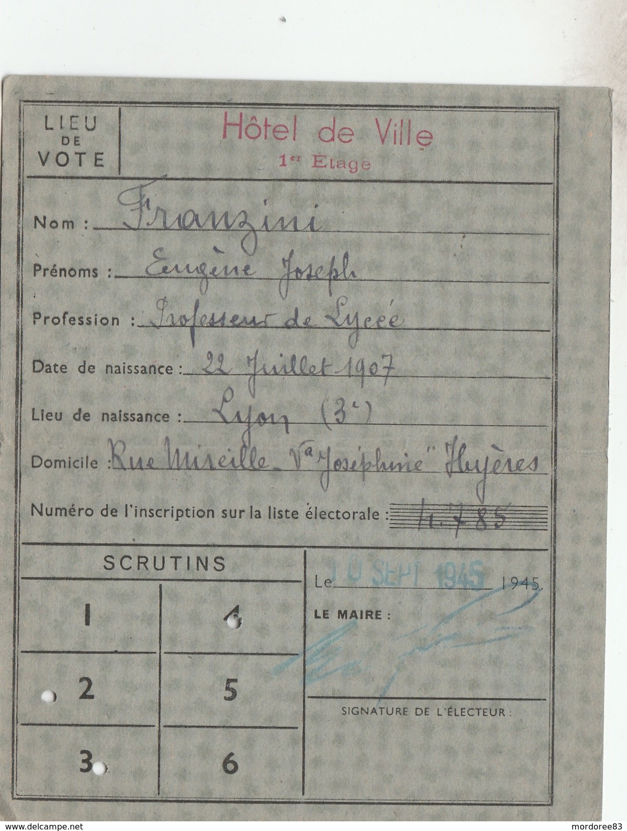 CARTE D ELECTEUR 1946 MAIRIE D HYERES VAR - TDA57 - Autres & Non Classés