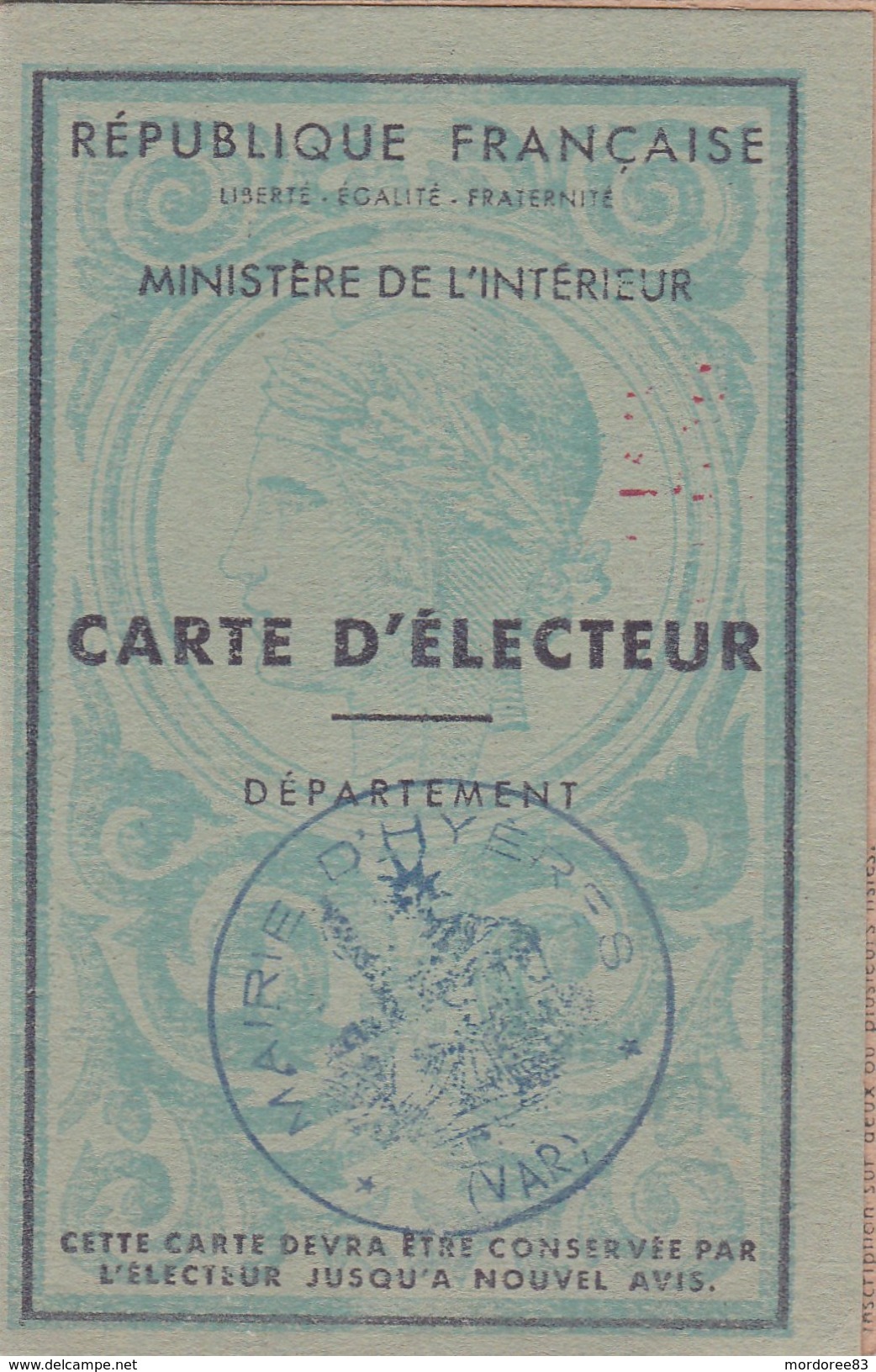 CARTE D ELECTEUR 1948 MAIRIE D HYERES VAR - TDA57 - Autres & Non Classés