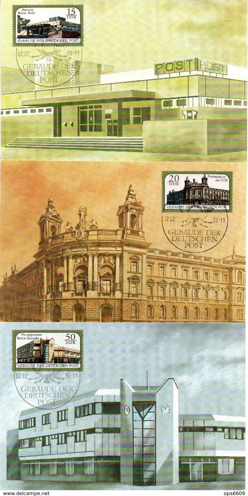 DDR 3 Amtl. Maximumkarten Mi-Nr. 3145/47 ESSt. BERLIN  2.2.88 "Gebäude Der Deutschen Post" - Maximumkarten (MC)