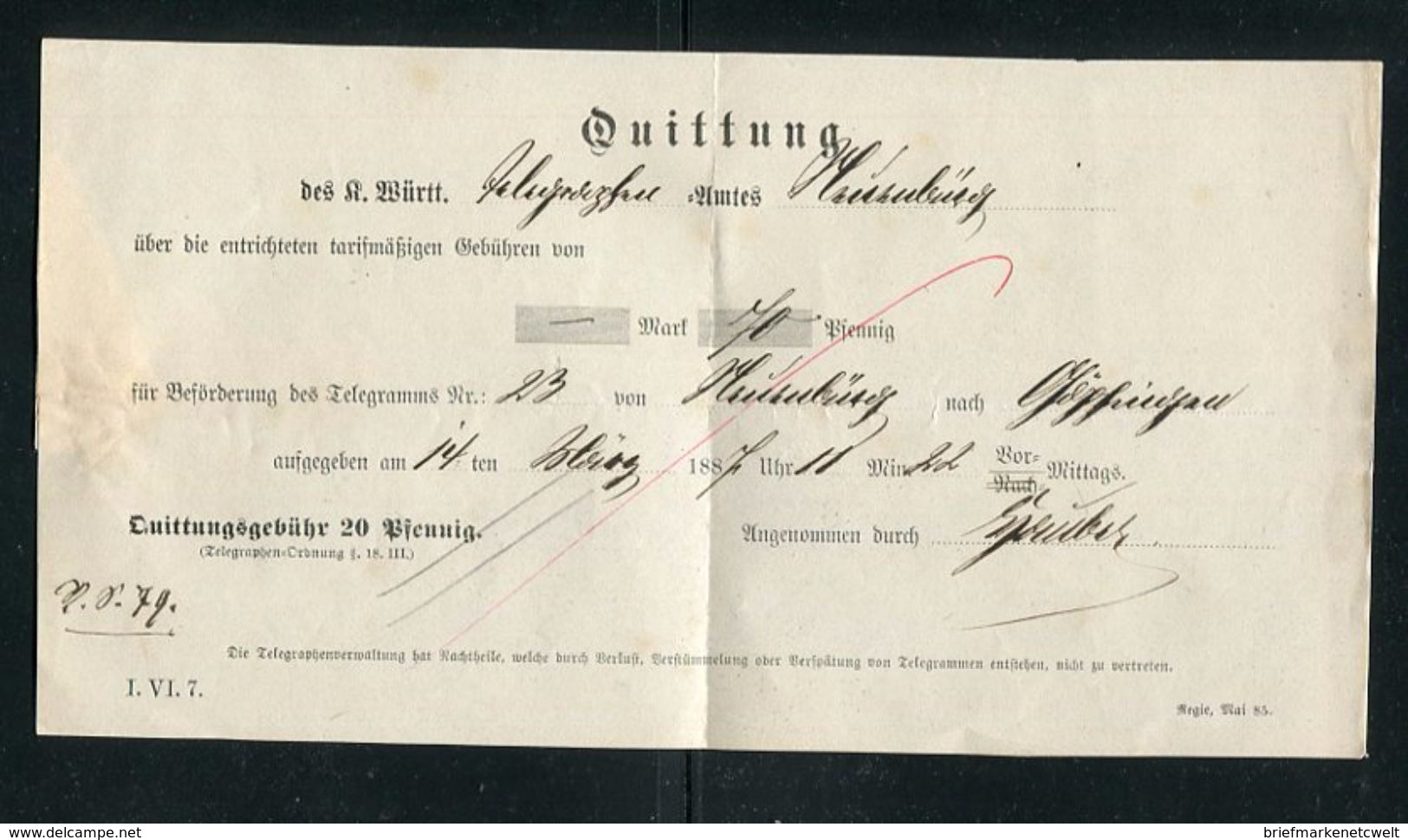 Wuerttemberg / 1887 / Quittung Fuer Telegramm-Gebuehren (1/295) - Altri & Non Classificati
