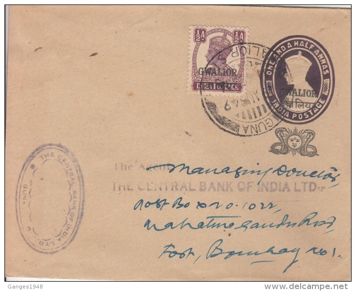 Gwalior  1949  Snakes Overprinted  KG VI  1.5A  PS Envelope  Guna To Bombay   # 00978   D  Inde Indien - Gwalior