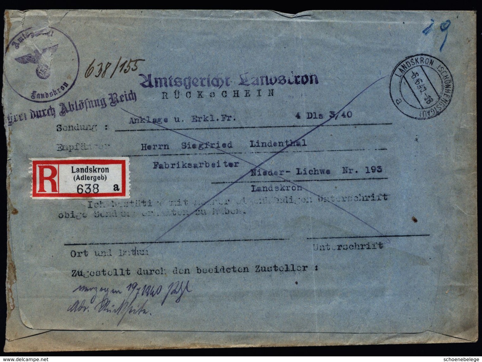 A4912) DR R-Rückschein Von Landskron 6.6.40 Provisorisch - Briefe U. Dokumente