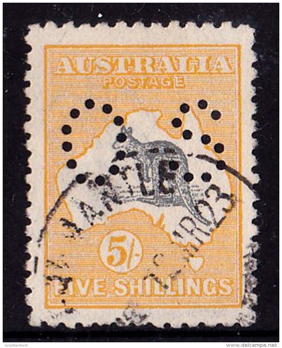 Australia 1915 Kangaroo 5/- Grey &amp; Yellow 2nd Watermark Perf OS Used - - Used Stamps