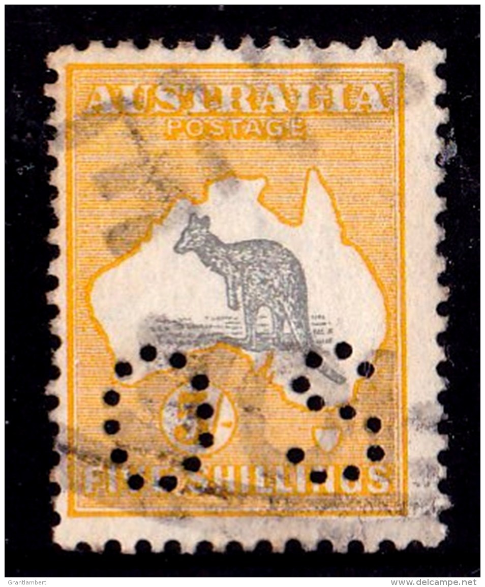 Australia 1918 Kangaroo 5/- Grey &amp; Yellow 3rd Watermark OS Used - Listed Variety - Used Stamps