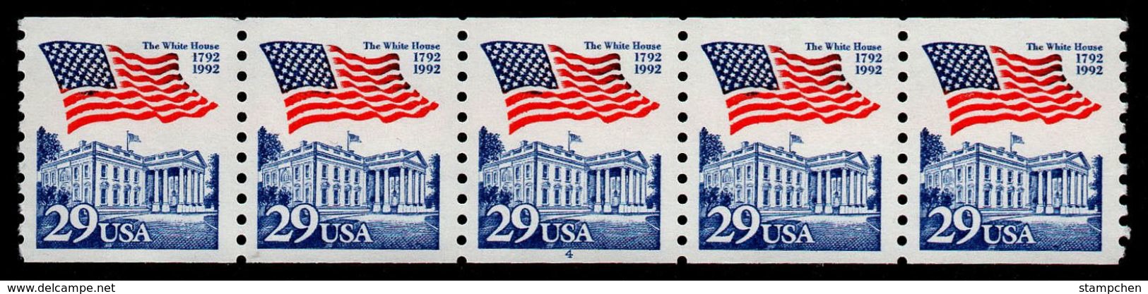 Strip Of 5-PNC # 4 -1992 USA Flag Over The White House Coil Stamp Sc#2609 Post Plate Number Coil - Rollenmarken (Plattennummern)
