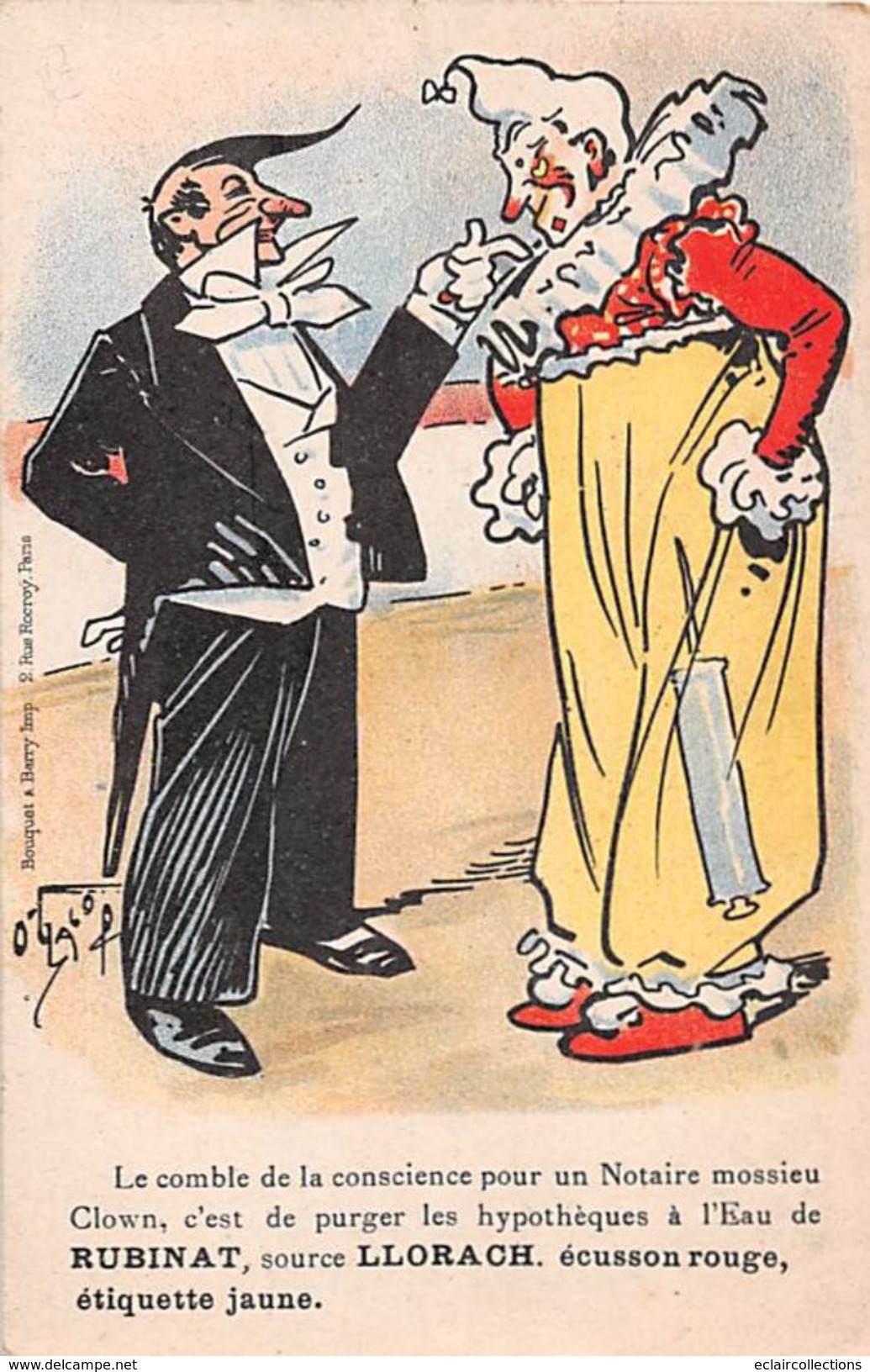 Thème : Clowns.Pierrot.Colombine.    Carte Illustrée Par O'Galo   Publicité Rubinat . Clystère  (voir Scan) - Autres & Non Classés