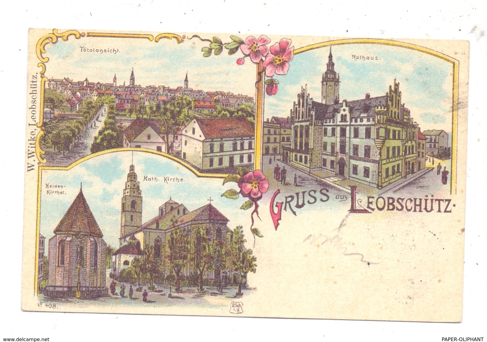 OBER-SCHLESIEN - LEOBSCHÜTZ, Lithographie 1899, Heiden-Kirche, Katholische Kirche, Rathaus, Totalansicht, Bahnpost - Schlesien