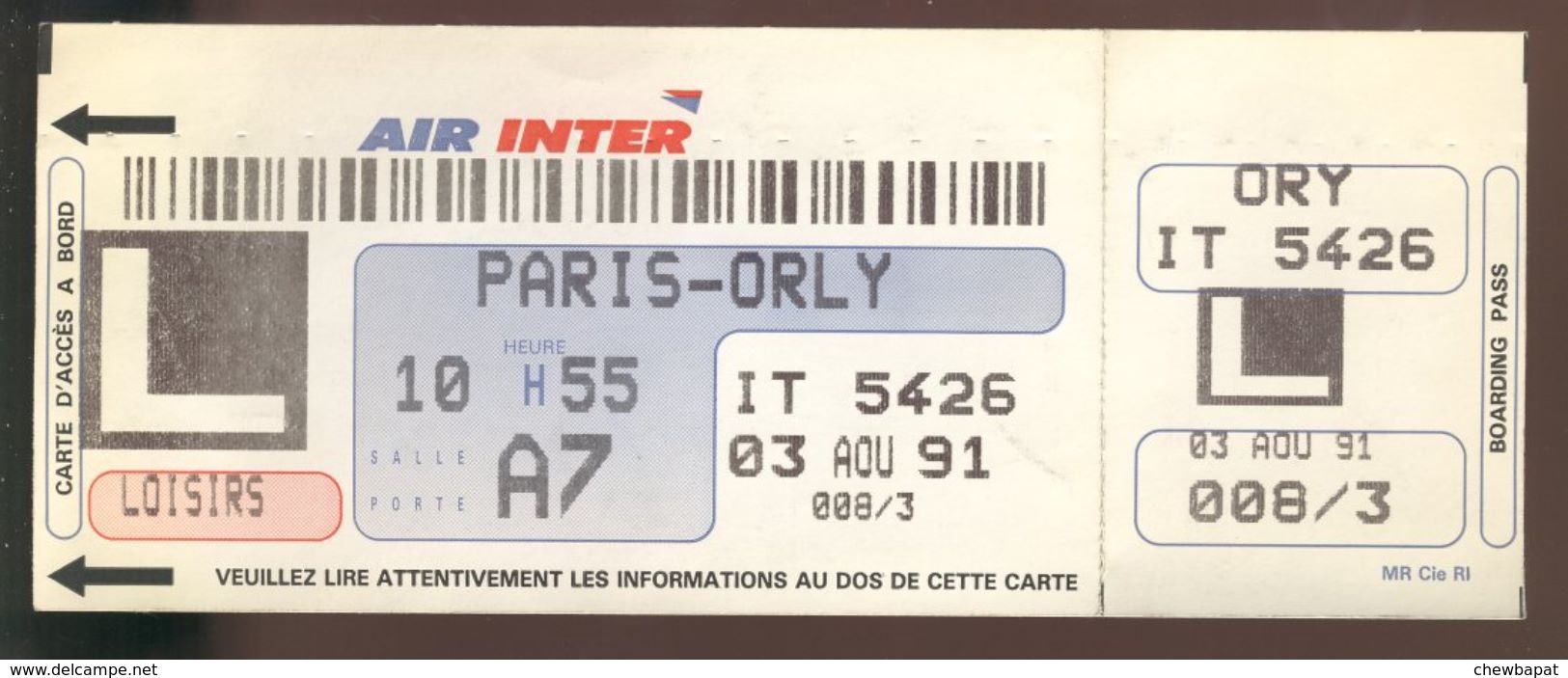 Air Inter - Carte D'embarquement - Boarding Pass - Paris Orly - 1991 - Tarjetas De Embarque