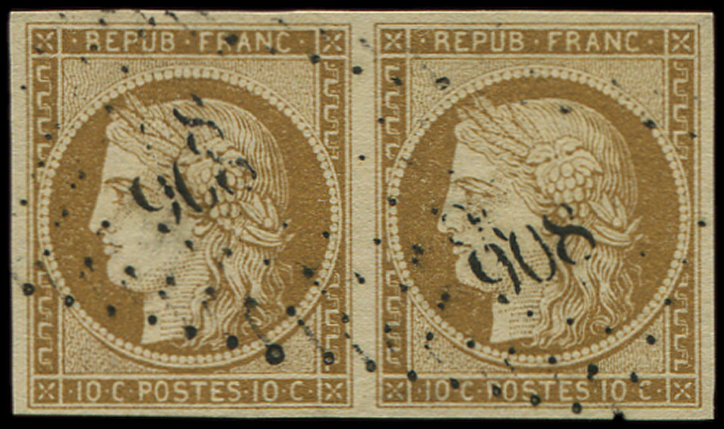 1    10c. Bistre Jaune, PAIRE Obl. PC 908 De COLMAR, TB - 1849-1850 Cérès