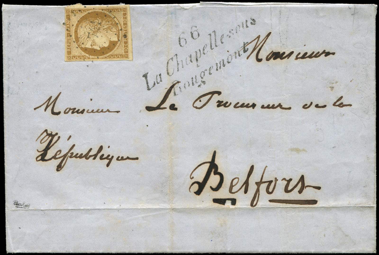 Let 1    10c. Bistre Jaune, Obl. PC 741 S. LSC, Cursive 66/LA CHAPELLE-SOUS/ROUGEMONT, TTB - 1849-1850 Cérès