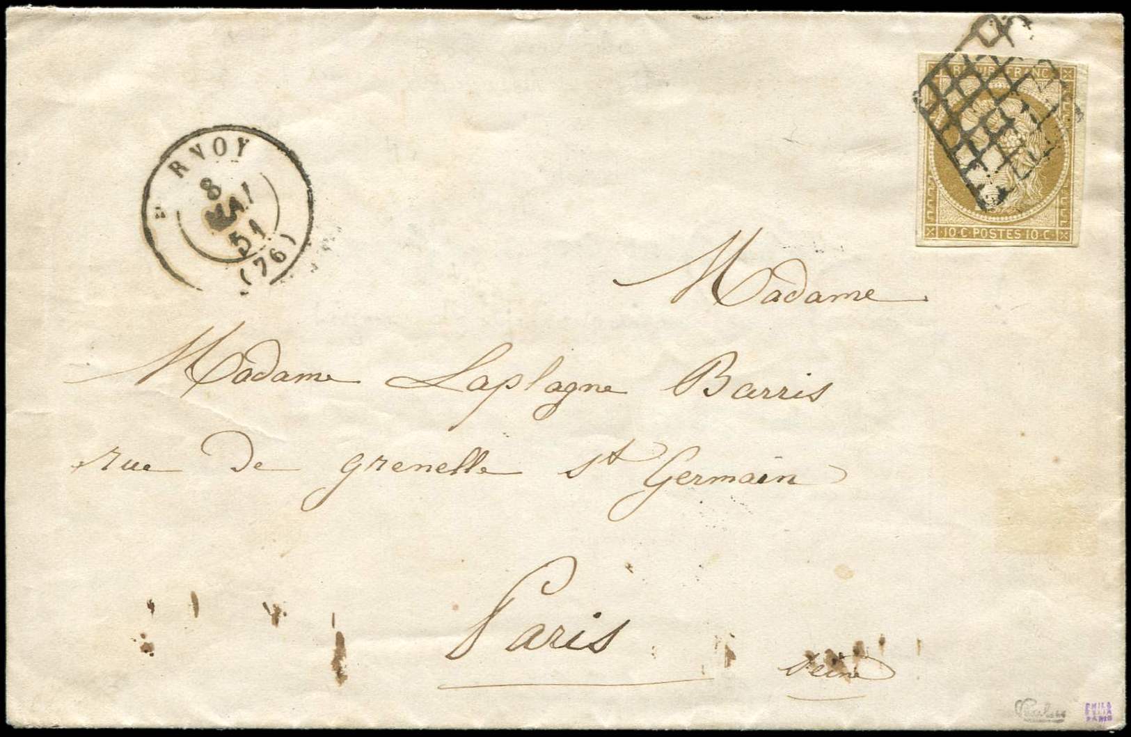 Let 1b   10c. Bistre VERDATRE, Obl. GRILLE Sur LAC, Càd HORNOY 8/5/51, TB. C, Cote Maury - 1849-1850 Ceres