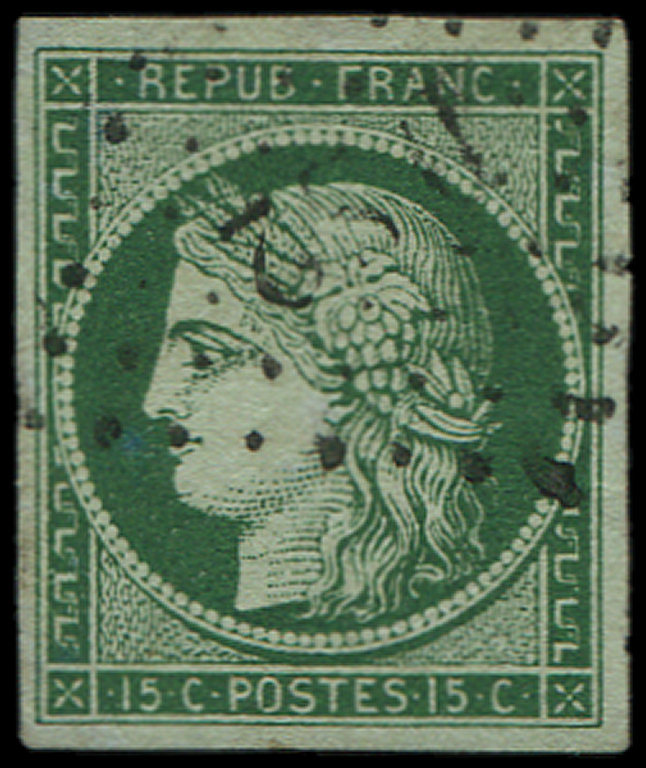 2b   15c. Vert FONCE, Obl. Los. DS2, Frais Et TTB - 1849-1850 Ceres