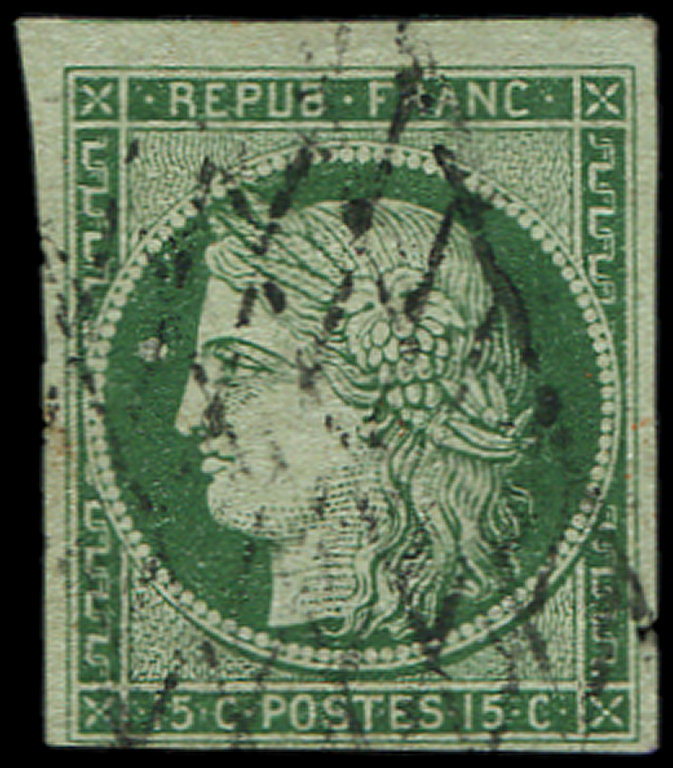 2b   15c. Vert Foncé, Petite Variété D'impression Dans Le Médaillon, Oblitéré GRILLE SANS FIN, TB - 1849-1850 Cérès