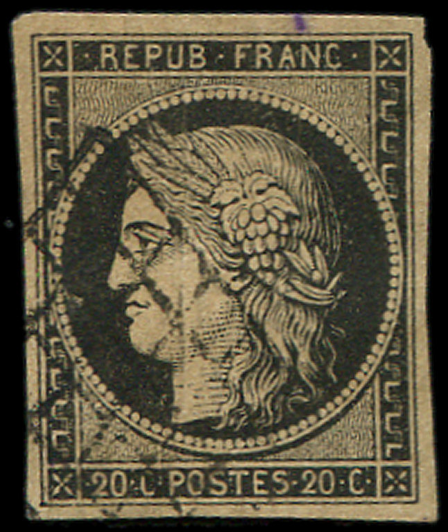 3    20c. Noir Sur Jaune, Obl. GRILLE, Petit PLI ACCORDEON Vertical, TB - 1849-1850 Cérès