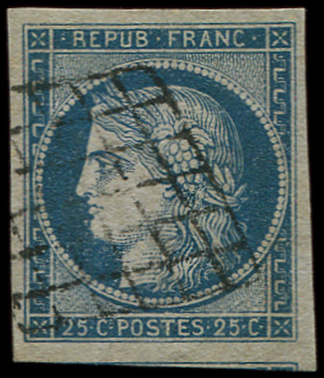 4    25c. Bleu, Grandes Marges, Amorce De Voisin En Bas, Obl. GRILLE, TTB/Superbe - 1849-1850 Ceres