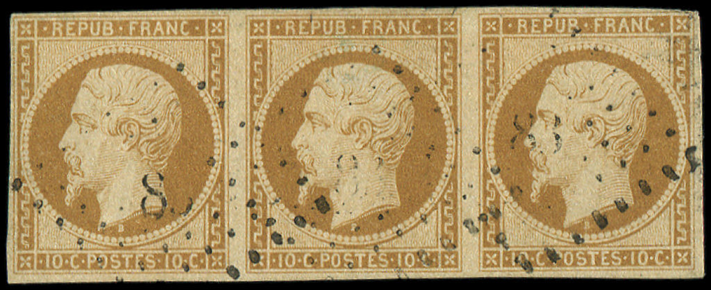 9    10c. Bistre Jaune, BANDE De 3 (au Filet Dans Un Angle) Obl. PC, TB. C - 1852 Louis-Napoléon