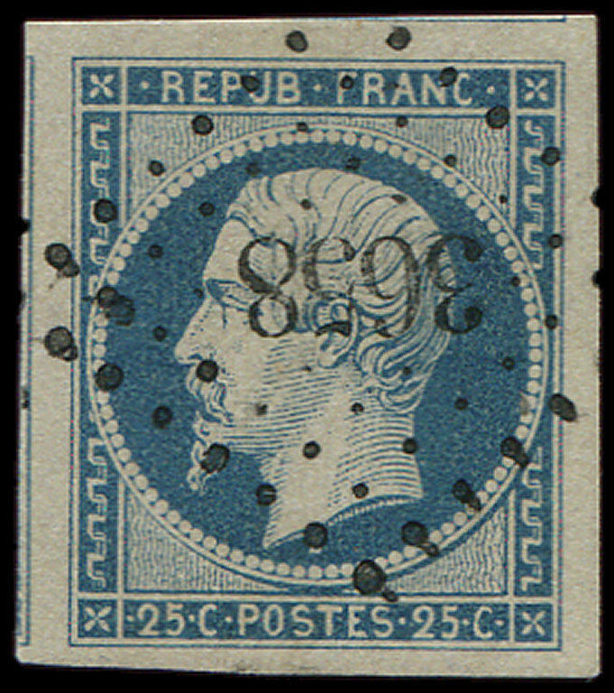 10   25c. Bleu, Obl. PC 3658, Frappe Superbe Et Marges énormes (2 Amorces De Voisins), Superbe - 1852 Louis-Napoléon