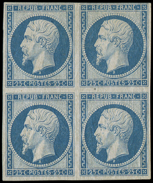 ** R10c 25c. Bleu, REIMPRESSION De 1862, BLOC De 4, Un Ex. * Et Clair, Les Autres TB, Cote Maury - 1852 Louis-Napoléon