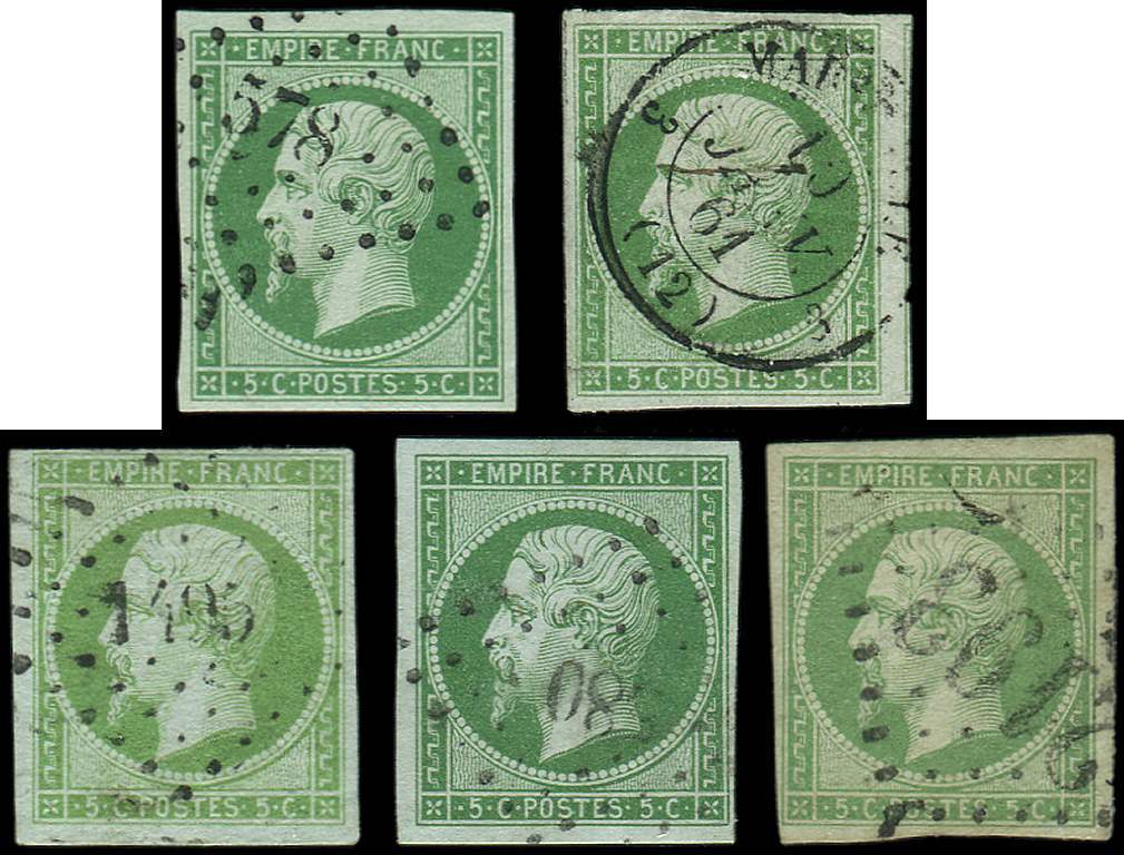 12    5c. Vert, 5 Unités, Nuances Différentes, Tous TB - 1853-1860 Napoléon III