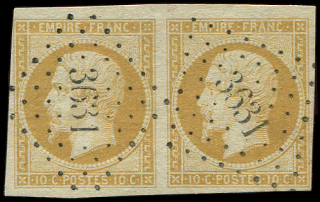 13Aa 10c. Jaune Citron, T I, PAIRE Obl. PC 3631, Un Ex. Au Filet Dans Un Angle, Frappes Superbes - 1853-1860 Napoléon III