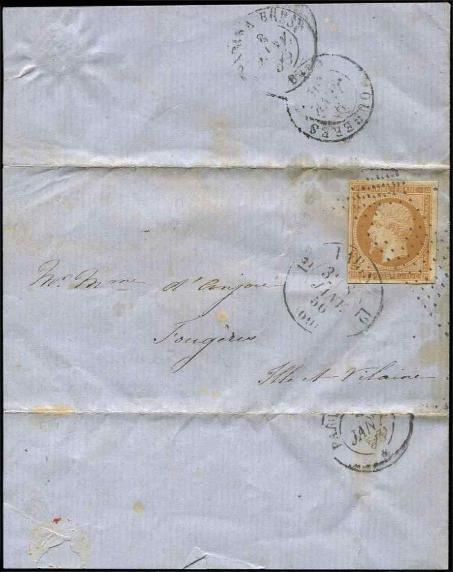 Let 13A  10c. Bistre, T I, Obl. Roulette De Pointillés S. LAC, Càd 12 PARIS 12 8/1/56, TB - 1853-1860 Napoléon III