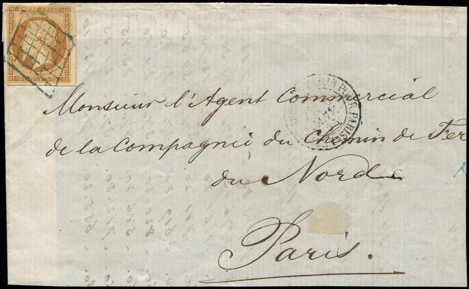 Let 13A  10c. Bistre, T I, Obl. GRILLE BLEUE S. DL, Càd LETTRE AFFie PARIS POUR PARIS 1/55, TB - 1853-1860 Napoléon III