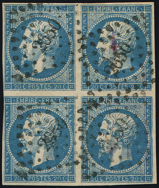 14A  20c. Bleu, T I, Nuance S. Chamoisé, BLOC De 4 Obl. PC 2650 De RENNES, TB - 1853-1860 Napoléon III