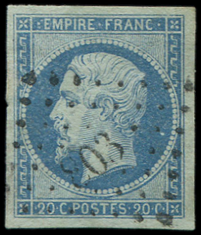 14Am 20c. Bleu Laiteux Sur Vert, T I, Obl. PC 803, Petit Cl., Aspect Superbe - 1853-1860 Napoléon III