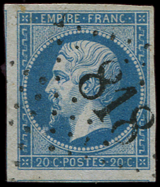 14B  20c. Bleu, T II, Obl. GC 818, Belles Marges Et Frappe Superbe, TTB/Superbe - 1853-1860 Napoléon III