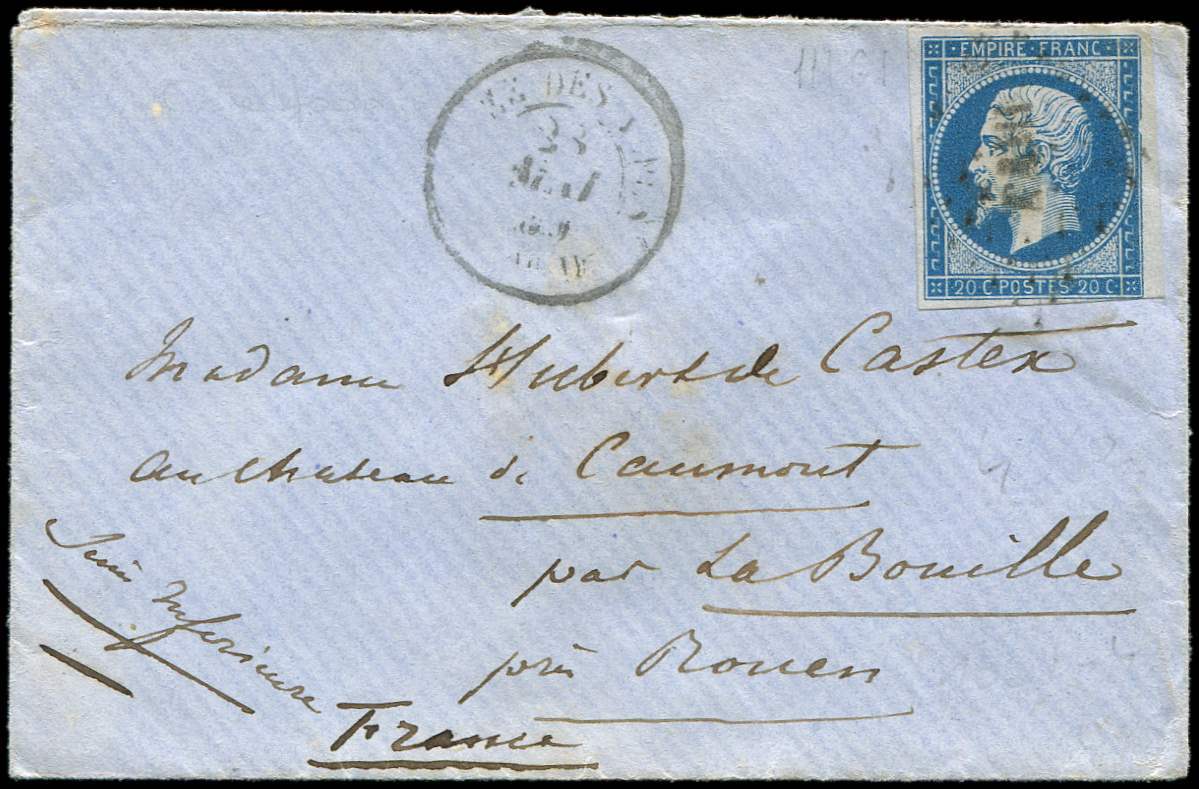 Let 14A  20c. Bleu, Obl. Los. AA- S. Env., Càd ARMEE DES ALPES Bau-, Frappes B/TB - 1853-1860 Napoléon III