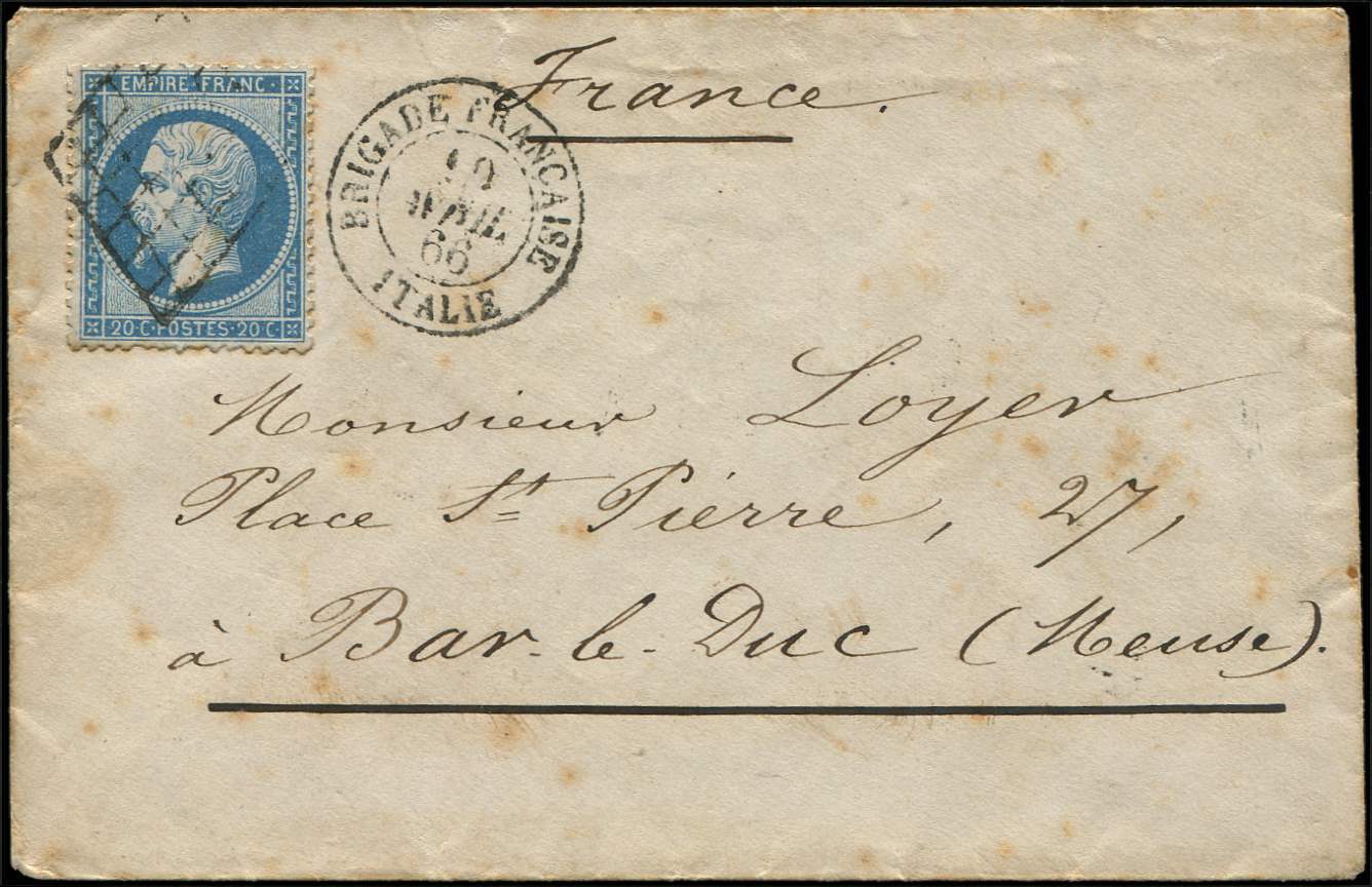 Let 22   20c. Bleu, Obl. GRILLE S. Env., Càd BRIGADE FRANCAISE ITALIE 10/4/66, Frappes TTB - 1862 Napoléon III