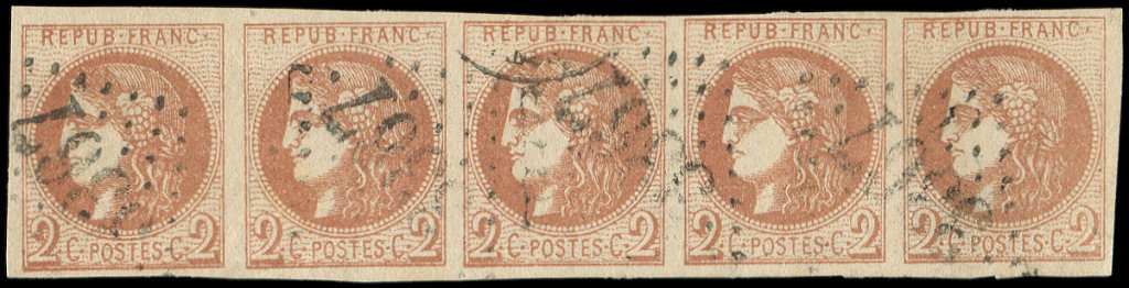 40B   2c. Brun-rouge, R II, BANDE De 5 Obl. GC 3367, Pos. 11 à 15, TTB - 1870 Emission De Bordeaux